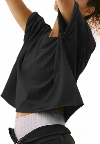 Vista 3 de ELGOGY Camisetas cortas de entrenamiento de gran tamaño para mujer, manga corta, cuello redondo, hombros caídos, cuadradas, de verano, casuales