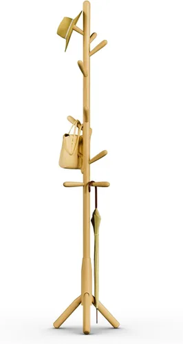 Vista 20 de Perchero de madera maciza, perchero independiente en forma de árbol con 11 ganchos, poste principal de 1.6 pulgadas de diámetro para ropa, soporte