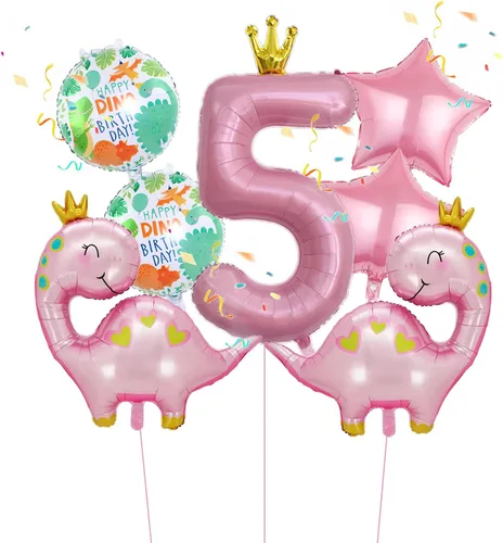 Vista 10 de 7 globos de dinosaurio con corona rosa, globos de aluminio Mylar para cumpleaños de niñas, suministros de primera fiesta color rosa