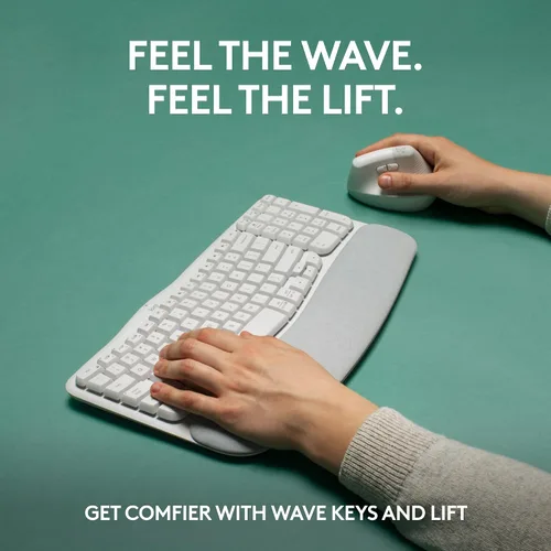 Vista 2 de Logitech Wave Keys - Teclado ergonómico inalámbrico con reposamanos acolchado para múltiples sistemas operativos + mouse Lift ergonómico vertical