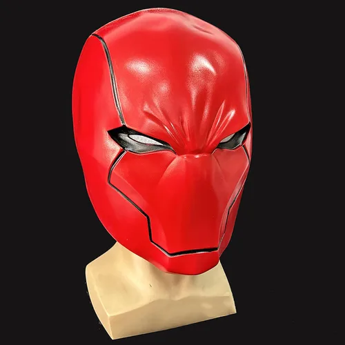 Vista 6 de Máscara de cabeza completa de látex rojo, casco de cosplay de ojos de malla