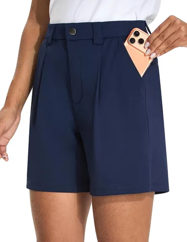 Vista 6 de KPSUN Bermudas de golf de 5 pulgadas para mujer, elásticas, ligeras, con bolsillos, cierre de botón, para trabajo casual de verano