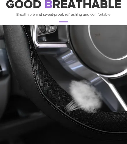 Vista 4 de Funda para volante, accesorios de automóvil, fundas de cuero de microfibra para volante de automóvil, protector universal de 15 pulgadas