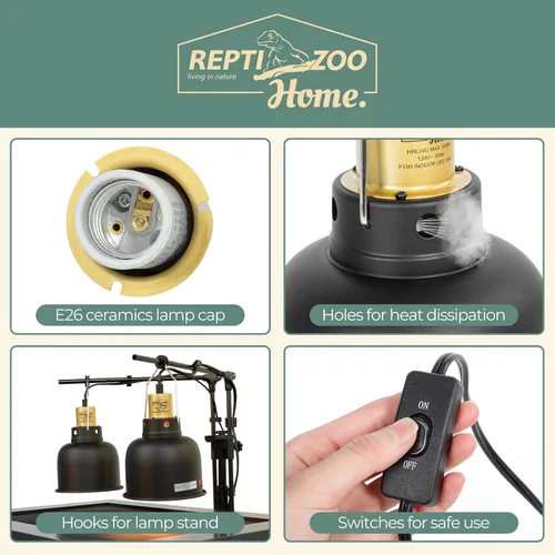Vista 3 de Paquete de 2 lámparas de reptiles, lámpara de calor de reptiles de cúpula profunda de 5.5 pulgadas con interruptor, lámpara de terrario dual UVB