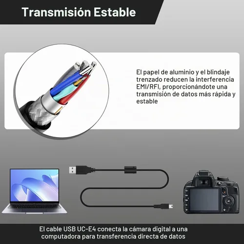 Vista 4 de Cable USB UC-E4 compatible con Nikon D40 D40X D50 D60 D70 D70S D80 D90 D100 D200 D300 D300S D610 D700 D3000 D3100 D7000 D1H D2X D2 Cámara réflex