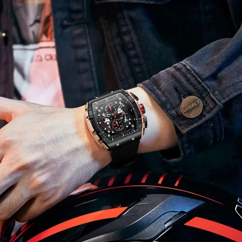 Vista 3 de Relojes para hombre, reloj Tonneau de esqueleto de lujo para hombre, impermeable, ajustable, correa de silicona, estilo steampunk, cronógrafo