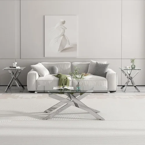 Vista 9 de Mesa de centro de cristal de 47 pulgadas, moderna tapa rectangular de vidrio templado con patas de metal con cruz dorada, mesa central de espacio
