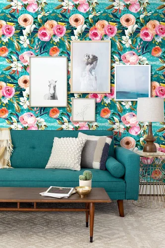 Vista 3 de HAOKHOME Papel tapiz floral para despegar y pegar, verde azulado/rosa, extraíble, texturizado, para decoración de dormitorio, guardería, 17.7
