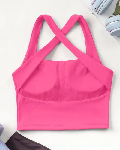 Vista 7 de AngiMelo Brasier deportivo de línea larga para mujer, cuello cuadrado, para entrenamiento, con tirantes, brasier integrado para yoga y adolescentes