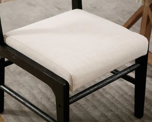 Vista 7 de HNY Juego de 2 sillas de comedor de lino beige con marco de madera negra, silla de cocina tapizada de tela moderna con respaldo rectangular, sillas