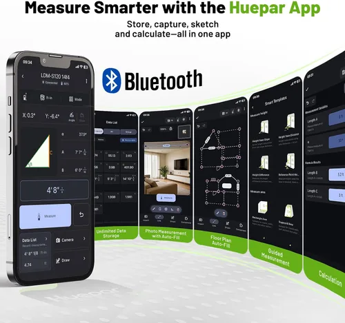 Vista 4 de Huepar - Herramienta de medición láser Bluetooth de 200 pies S60-BT, control de aplicación, medidor de distancia láser USB-C recargable, ± 1/16