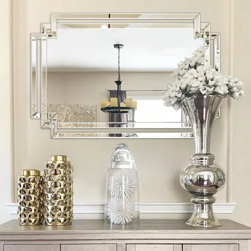 Vista 8 de Espejo decorativo para decoración de pared, elegante espejo de sala de estar de 24 x 36 pulgadas con piezas de vidrio y borde biselado, moderno