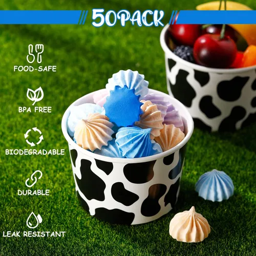 Vista 2 de 50 tazas de helado con estampado de vaca de 9 onzas, cuencos desechables de papel a granel, taza de sopa con temática de vaca, contenedor