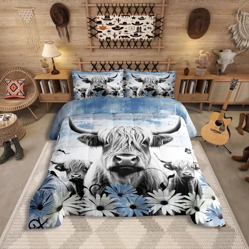 Vista 15 de Erosebridal Juego de edredón con estampado de vaca de las Highland, juego de ropa de cama de granja occidental verde azulado, decoración rústica