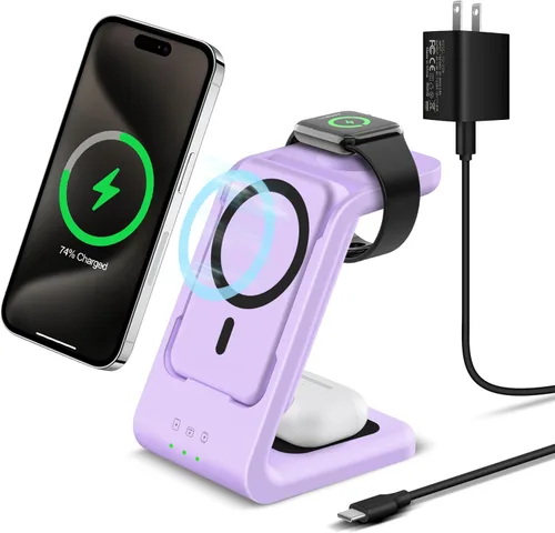 Vista 10 de Smtcsl Estación de Carga Inalámbrica 3 en 1: Soporte de Cargador de Banco de Energía Extraíble de 5000mAh para Teléfono/Reloj/Air Pods - Paquete