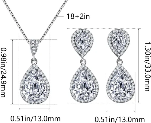Vista 4 de Conjunto de joyería para boda, aretes de lagrima y collar con dije de circonio cúbico