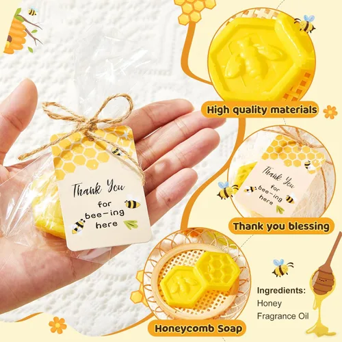 Vista 2 de Juego de 12 recuerdos de fiesta de abejas para baby shower, incluye jabón de panal con tarjeta de agradecimiento, jabón de miel para invitados