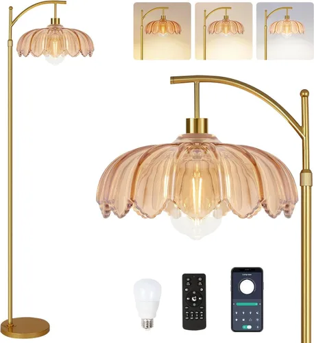 Vista 14 de Lámparas de pie doradas para sala de estar, dormitorio, lámpara de pie de cristal con control remoto y pantalla rosa, lámpara de pie regulable