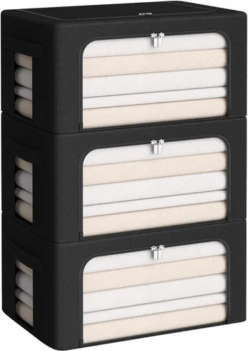 Vista 12 de Paquete de 3 cajas de almacenamiento con marco, bolsas de almacenamiento de ropa, tela Oxford, plegable, apilable, juego organizador con ventana