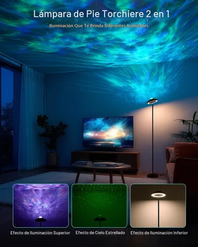 Vista 3 de Lámpara de pie LED con proyector de estrellas RGB y control remoto, lámpara de pie que cambia de color continuo de 3000 a 6000 K, lámpara de esquina