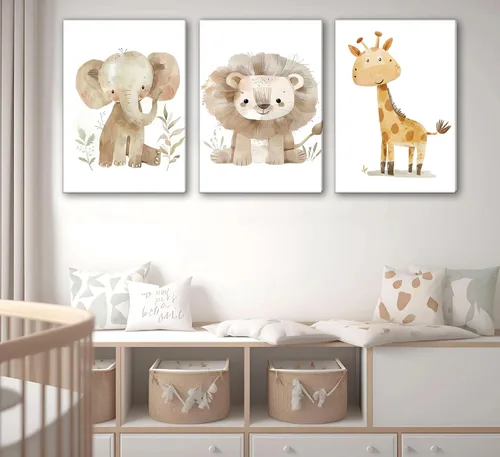 Vista 6 de UNDDISINS 3 piezas de lienzo para guardería de animales, arte de pared, acuarela, animales de bebé, pintura para decoración de pared, lindo