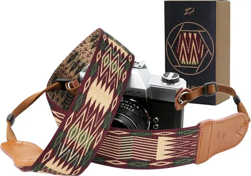 Vista 15 de Padwa Lifestyle Helios Moon God - Correa para cámara de 2 pulgadas, doble capa, extremos de piel vacuna, correas de cámara para fotógrafos, tejido