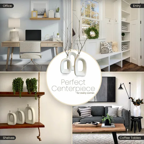 Vista 5 de Juego de 3 jarrones huecos de decoración moderna blanca para el hogar; centro de mesa de cerámica de estilo bohemio para sala de estar; comedor
