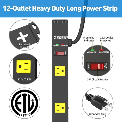 Vista 6 de Regletas de alimentación largas de 12 tomas de corriente amplias con regleta de cable de 4 pies Heavy Duty Industrial Power Strip Surge Protector