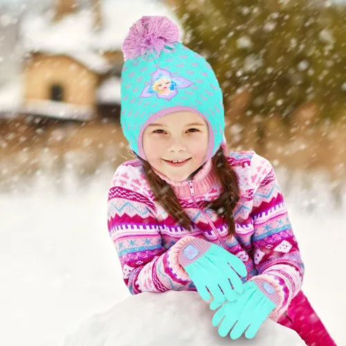 Vista 4 de Disney Frozen - Gorro de invierno para niñas y niños pequeños y guantes de nieve para niños Elsa y Anna con guantes de nieve