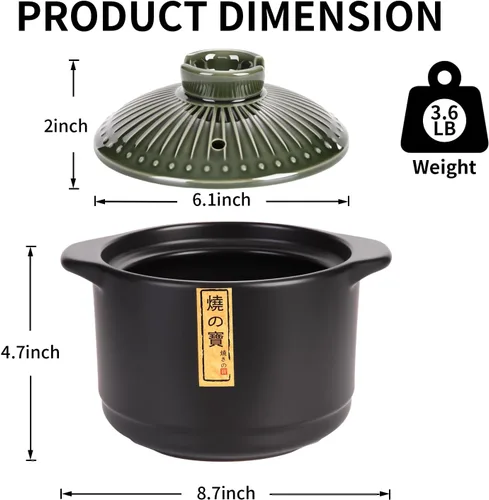 Vista 8 de Olla de cerámica de 2.1 cuartos de galón – Auténtica olla japonesa de arcilla Donabe – Olla de barro para cocción lenta, cazuela con tapa verde