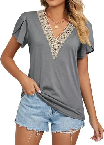 Vista 2 de WELINCO Camisetas básicas de verano para mujer, cuello en V, manga de pétalo, estilo casual