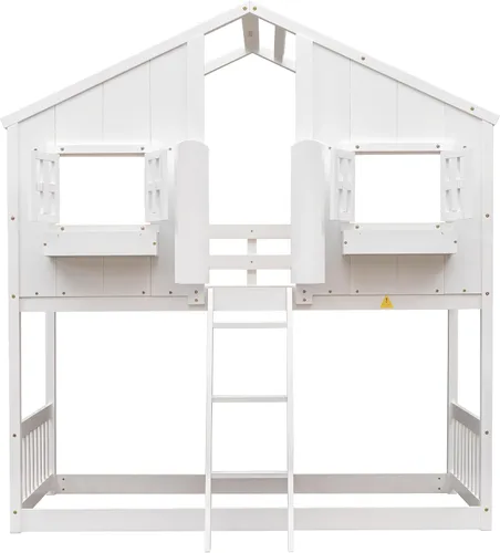 Vista 6 de VECELO Full Over Full House Bunk Bed with Safety Rail, Ladder, Windows & Doors, Solid Wood Playhouse Bunk Bed, No Box Spring Needed, White