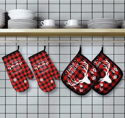 Vista 6 de Bencailor Juego de Cocina Navideño de 6 Piezas Toallas de Cocina con Árbol de Navidad Guantes de Horno y Agarraderas Juego de Paños de Cocina