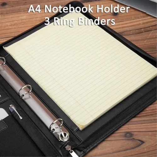 Vista 6 de Portafolio de cuero con carpeta de 3 anillas, padfolio de cuero vegano con cremallera, portafolio organizador profesional de negocios para regalo
