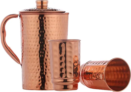 Vista 3 de Jarra de cobre de 50.72 onzas con 2 tazas de cobre Juego de jarra de agua de cobre puro y tazas a juego para el hogar y el bienestar, acabado