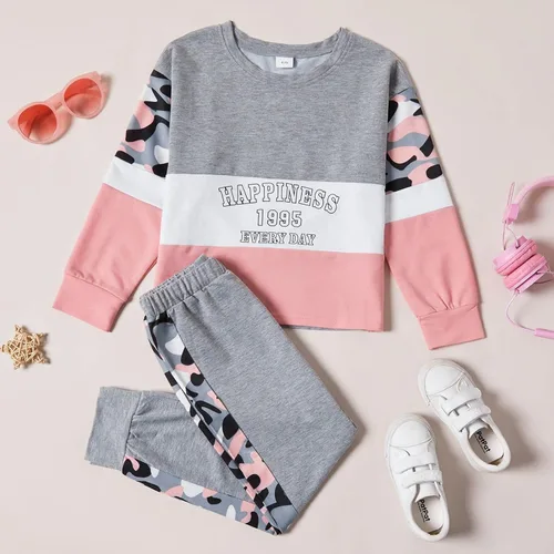 Vista 9 de PATPAT Conjunto de 2 piezas para niñas, camiseta de bloque de color de leopardo, camiseta de cuello redondo, leggings negros, pantalones deportivos