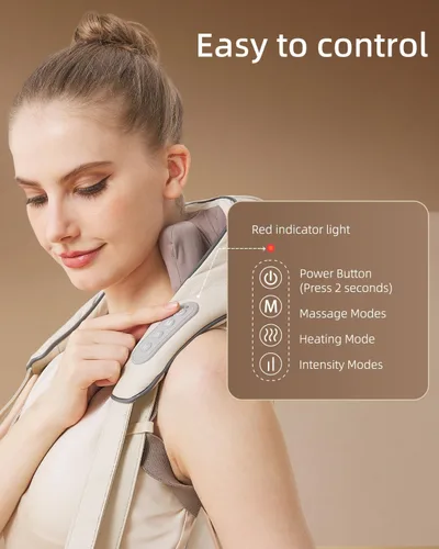 Vista 6 de Masajeador de cuello para aliviar el dolor de tejido profundo, alivia la tensión, amasador con calor, mejora la circulación, alivia el dolor Beige