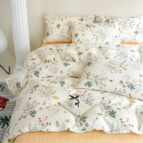 Vista 66 de Juego de funda de edredón blanca con estampado floral azul, juego de ropa de cama de algodón suave estilo bohemio, juego de ropa de cama estética