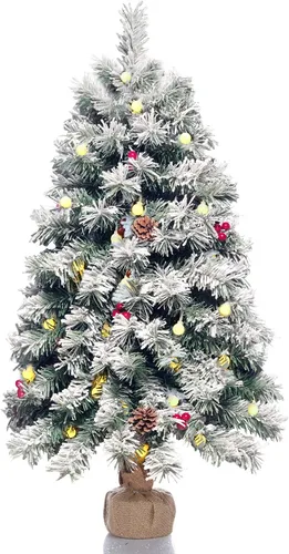 Vista 8 de Árbol de Navidad artificial mini preiluminado, árbol pequeño de Navidad de 20 pulgadas con copos de nieve, pino, con 40 luces LED, 70 puntas