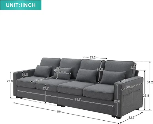 Vista 2 de Quarte Sofá modular moderno de 4 plazas con bolsillos para reposabrazos y 4 almohadas, sofá minimalista de tela de lino para sala de estar Gris