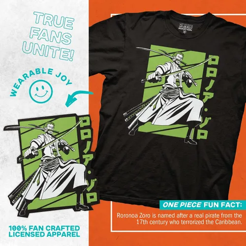 Vista 3 de Ripple Junction Camisa de anime Zoro de una pieza camiseta gráfica de manga corta para hombres y mujeres con licencia oficial forro polar verde