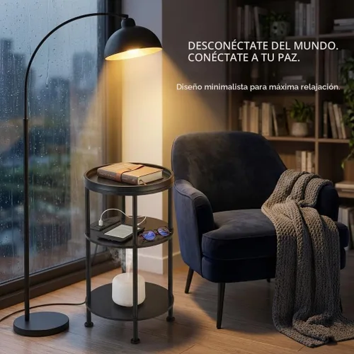 Vista 4 de Mesa auxiliar redonda pequeña con estación de carga para espacios pequeños, mesa decorativa de 3 niveles con puertos USB y tomas de corriente, mesa