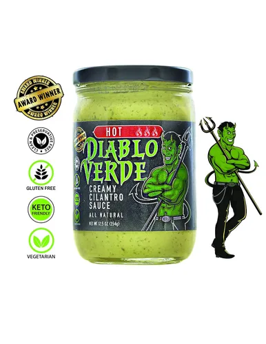 Vista 9 de Diablo Verde Salsa, galardonada, salsa cremosa de cilantro, nivel de calor caliente, (paquete de 2) botella de 12.5 onzas, hecha con cilantro, ajo