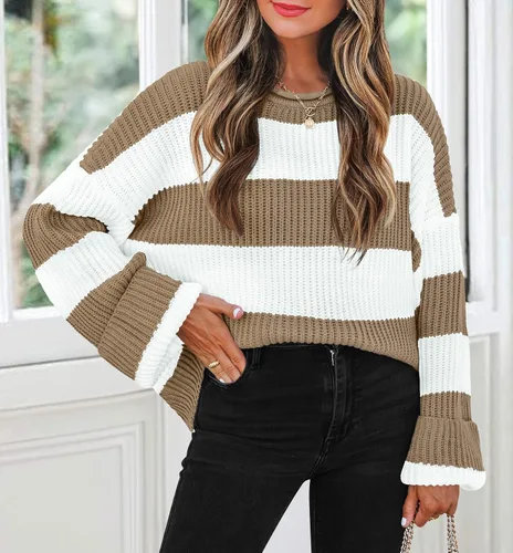 Vista 3 de ZESICA Suéter tejido sin botones de manga larga y cuello redondo, a rayas, bloques de color, cómodo, holgado, talla extragrande para mujer de 2024