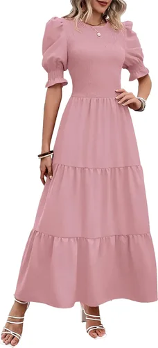 Vista 20 de BTFBM Vestidos para mujer, cuello redondo, casual, de verano, con volantes, manga corta, bohemio, con niveles, fruncido, largo, con estampado floral