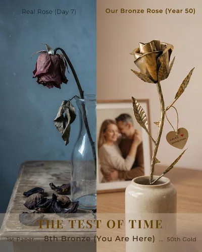 Vista 7 de Rosa de bronce hecha a mano, regalo de boda del 8 y 19 aniversario para esposa, recuerdo de flores de metal sólido, regalo de aniversario de boda