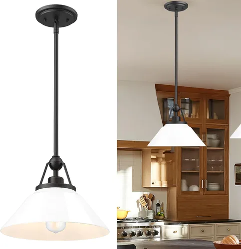 Vista 2 de HWH - Lámpara colgante blanca, moderna lámpara de isla de cocina de 12 pulgadas, iluminación colgante de 1 luz para comedor, escuela, metal negro