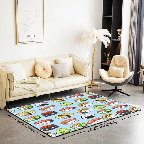Vista 3 de Jejeloiu Kawaii - Alfombra de sushi de 3 x 5, alfombra japonesa para sala de estar, bonita alfombra de piso de dibujos animados para interiores
