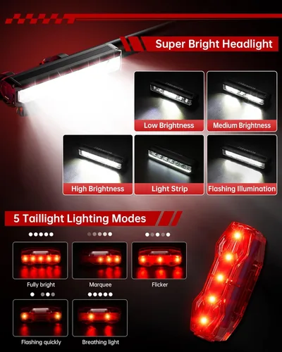 Vista 2 de Luces de bicicleta para montar de noche, luz trasera delantera recargable por USB, juego de faros de bicicleta, luz de aluminio, IPX5 impermeable