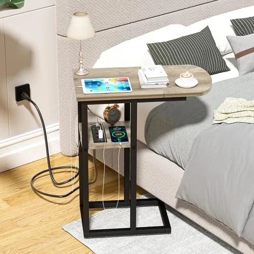 Vista 2 de eiskah - Mesa de extremo C con estación de carga, mesa lateral en forma de C para sofá, mesa para sala de estar, dormitorio, mesa para laptop